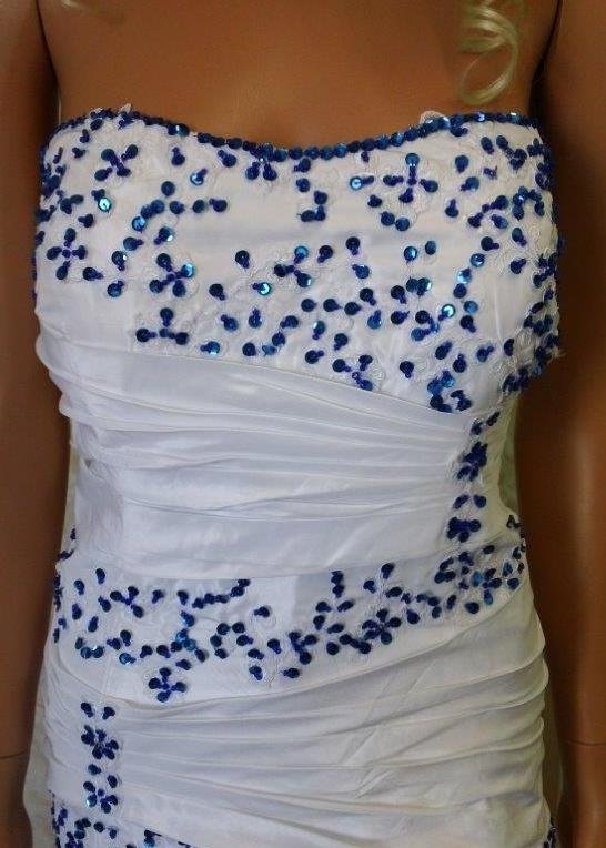 white and blue strapless pickup wedding gown